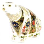 A Royal Crown Derby polar bear paperweight ornament, imari pattern, gilt stopper, printed beneath,