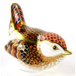 A Royal Crown Derby bird paperweight ornament, silver stopper, printed marks beneath, 7cm high.