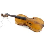 A violin, with ebonised finger board, one piece back, lacking label, length of back, 33cm (AF).