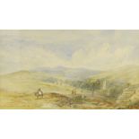 19thC School. Village landscape with figure on a donkey, watercolour, 25cm x 42cm.