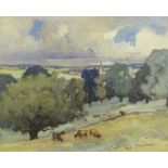 •Julius Maximilian Delbos (1879-1970). Landscape with cattle grazing, watercolour, signed, 36cm x