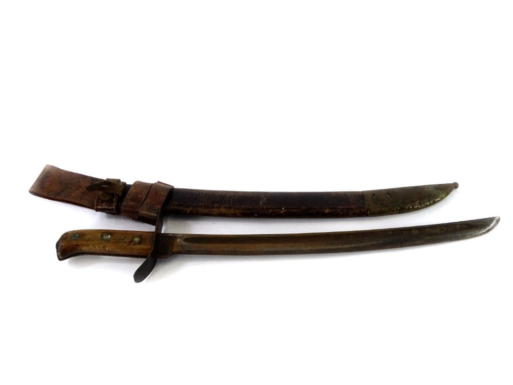 A continental short sword, with a curved blade and wooden handle, the blade indistinctly stamped - Image 2 of 4