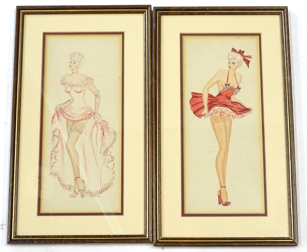 J. Berrison. Early 20thC fashion designs, watercolours, a pair, 30cm x 13cm.