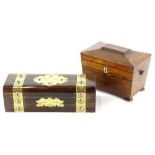 A Victorian rosewood and brass bound glove box, with engraved decoration, etc., the hinged lid