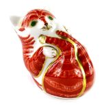 A Royal Crown Derby kitten paperweight ornament, gilt stopper, printed marks beneath, 7cm high.