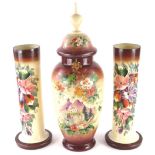 A pair of Victorian cylindrical opaque glass vases, each decorated with flowers and similar vase and