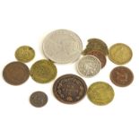 Various coins etc, guinea tokens or weights 1.5cm diameter etc, various others etc. (a quantity)