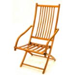 An unusual 19thC fruitwood campaign type folding chair, with a slatted back and seat, on X shaped