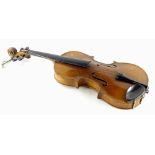 A violin, with ebonised finger board, two piece back, length of back 36cm (AF).