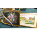 Various decorative tapestries, floral decorative petite point style 45cm x 38cm, etc., (a