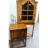 An oak corner cabinet, and an oak side cabinet on barley twist legs, and a stained glass panel.