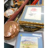 Miscellaneous items to include a gilt oval mirror, copper warming pan, floral prints, prints of
