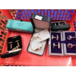 Various cased cufflinks, cocktail watch etc., (1 basket).