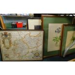 A quantity of 19thC style and later botanical prints, reproduction map of Staffordshire, etc.