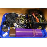 Costume jewellery and effects, lacquered jewellery box, various necklaces, beads, etc., (1 tray).