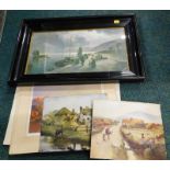 F Arnold. Harbour Scene, coloured print, and various unframed prints.