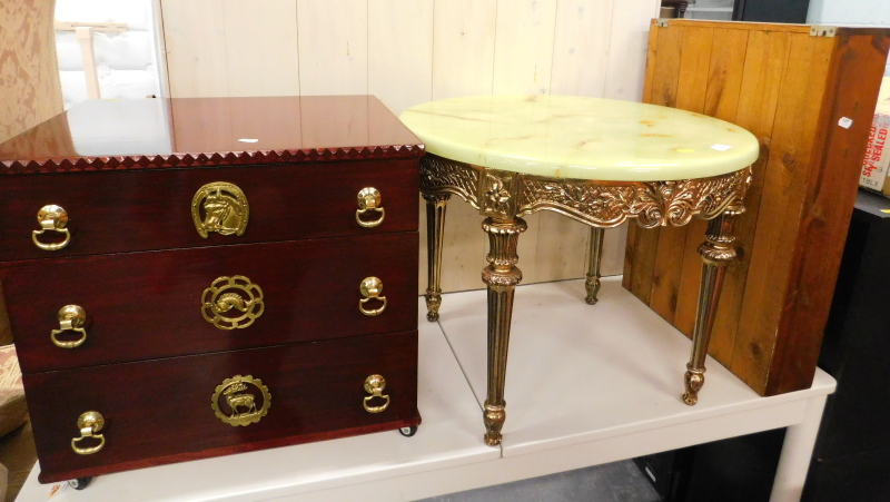 An onyx finish occasional table, with circular top on elaborate turned reeded legs, 53cm high,