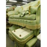 A three seater sofa, two matching armchairs and a foot stool, in green fabric.