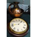 A copper flagon, an egg carrier, and a modern quartz wall clock, labelled for the Peak Clock Company