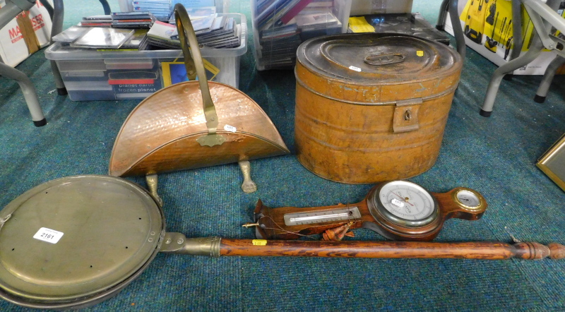A Victorian pained tin hat box, a small copper magazine carrier, barometer and a warming pan.