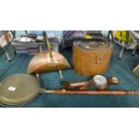 A Victorian pained tin hat box, a small copper magazine carrier, barometer and a warming pan.