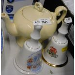 A Myott teapot and two commemorative hand bells.