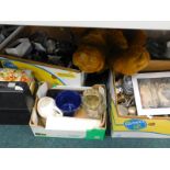 Miscellaneous items to include a large Millennium teddy bear, brass candlesticks, studio pottery,