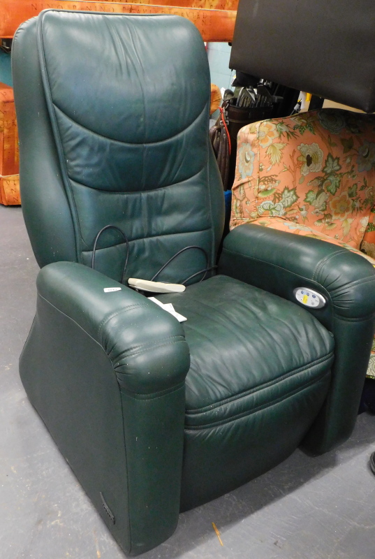 A MMS-2000st electric massage chair, in green leather, 125cm high.