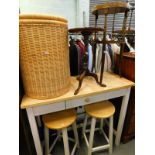A modern lightwood high table, 96cm high, two bar stools, tripod table, linen basket, and a