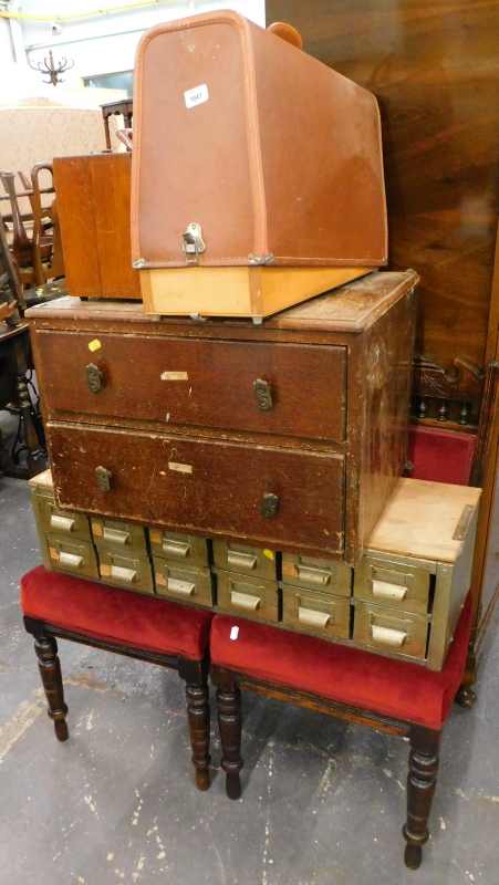 Various furniture and effects, to include an early 20thC sewing machine, filing drawers, two