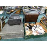 Metal storage tin, suitcase in grey, 68cm wide, decorative water jugs, pottery and effects, etc., (a