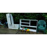 A white painted unit, another, various garden stacking chairs, child's tricycle, etc. (a quantity)