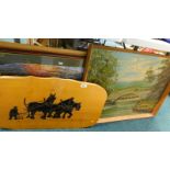 Various pictures, prints, etc., to include a wooden plaque depicting horses ploughing, river