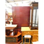 A nest of tables, TV cabinet, pine desk, 78cm high, a stool, and a glazed cabinet.