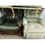An electric reclining chair, in green and cream geometric pattern, and a green leatherette