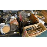 Miscellaneous items, to include 78 records, wooden carving of a woodsman, cased set of fish knives