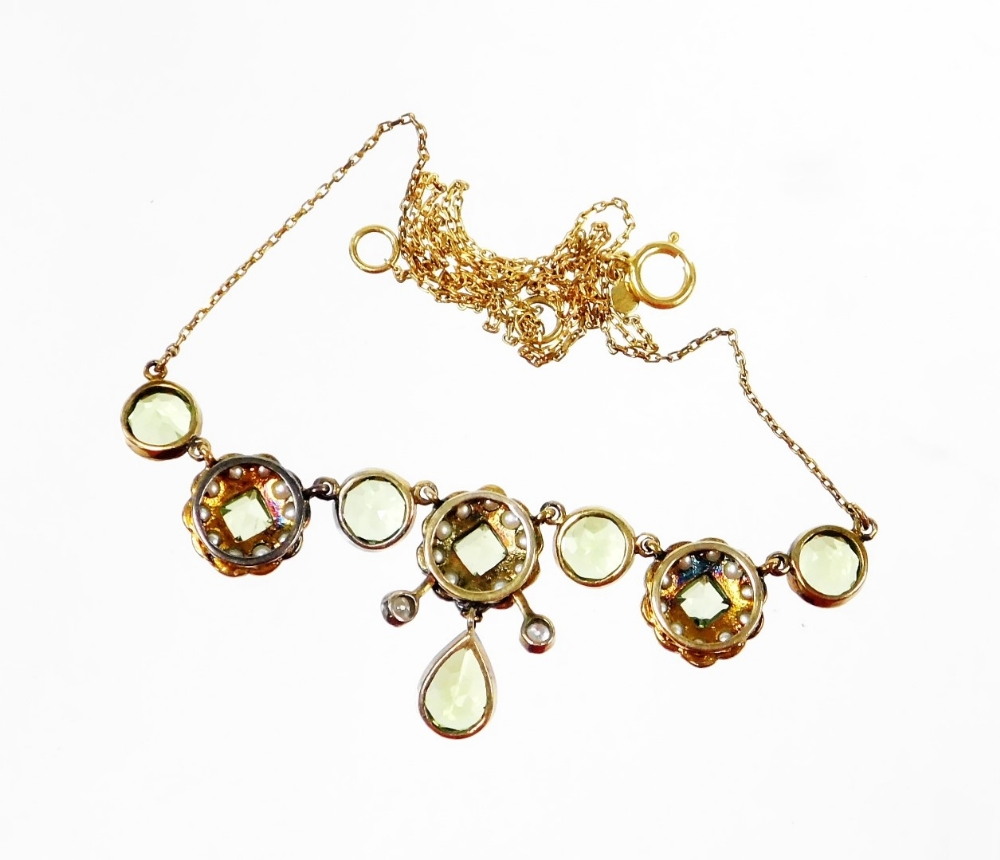 A diamond, seed pearl and peridot cluster necklace, the pendant section set with three clusters set - Image 3 of 3