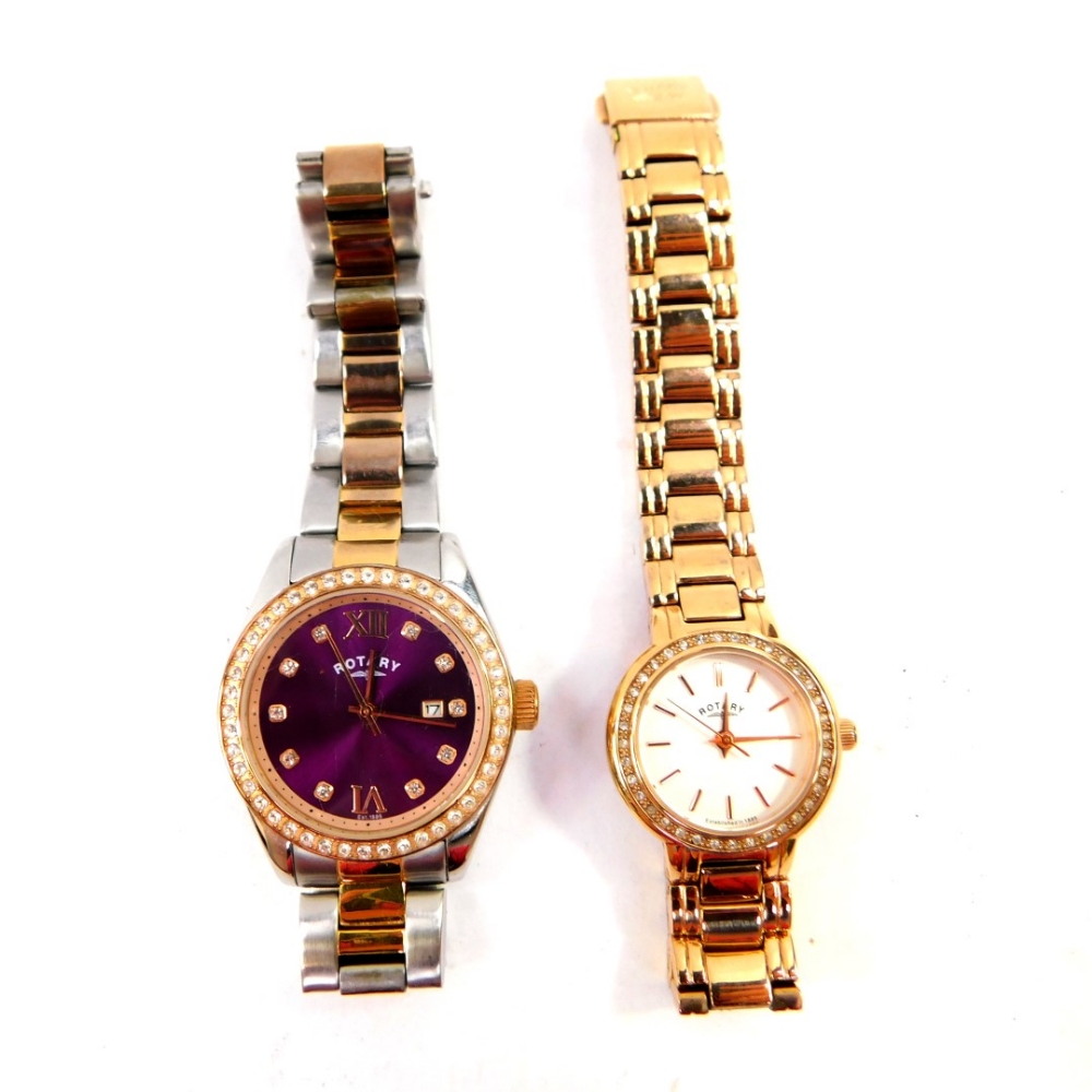 A Rotary lady's bi-coloured stainless steel cased wristwatch, luminescent purple dial, with paste se