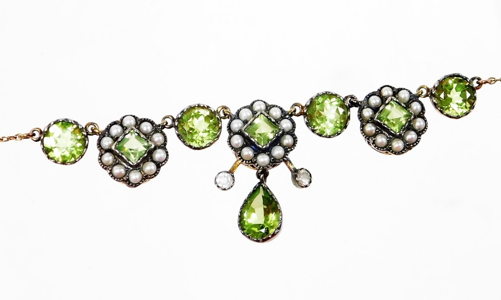 A diamond, seed pearl and peridot cluster necklace, the pendant section set with three clusters set - Image 2 of 3