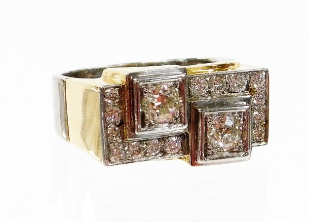 A double diamond Art Deco style geometric ring, set with two old cut diamonds 4.2mm x 4.2mm x 3mm ea