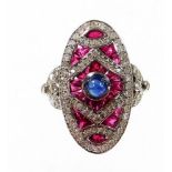 An Art Deco style ruby, diamond and sapphire cocktail ring, with arrangement of baguette cut rubies