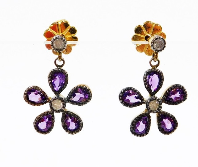 A pair of amethyst and diamond daisy earrings, each cluster set with pear cut amethyst, diamonds cen - Image 2 of 2