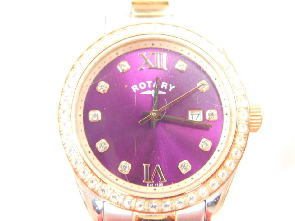 A Rotary lady's bi-coloured stainless steel cased wristwatch, luminescent purple dial, with paste se - Image 2 of 4