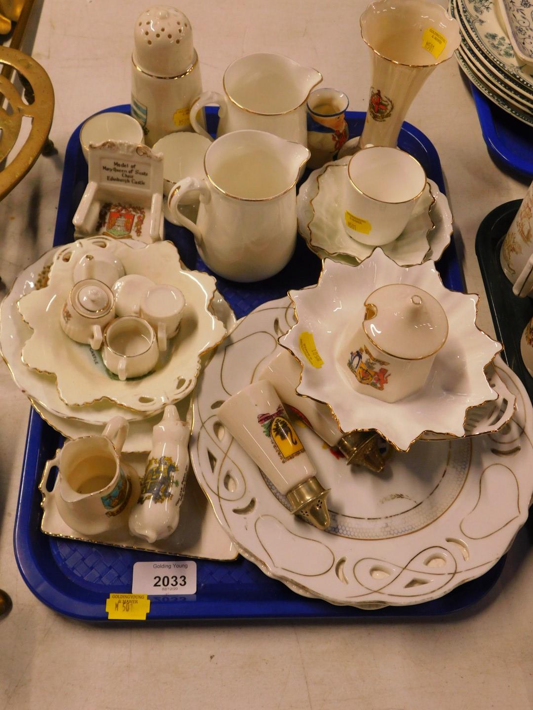 Crested china, including a sugar sifter Arms of Clovelly., model of Mary Queen of Scots Chair at