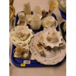 Crested china, including a sugar sifter Arms of Clovelly., model of Mary Queen of Scots Chair at