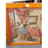 A wool work tapestry after Vermeer, of a lady at a window, framed, 57.5cm high, 45cm wide.