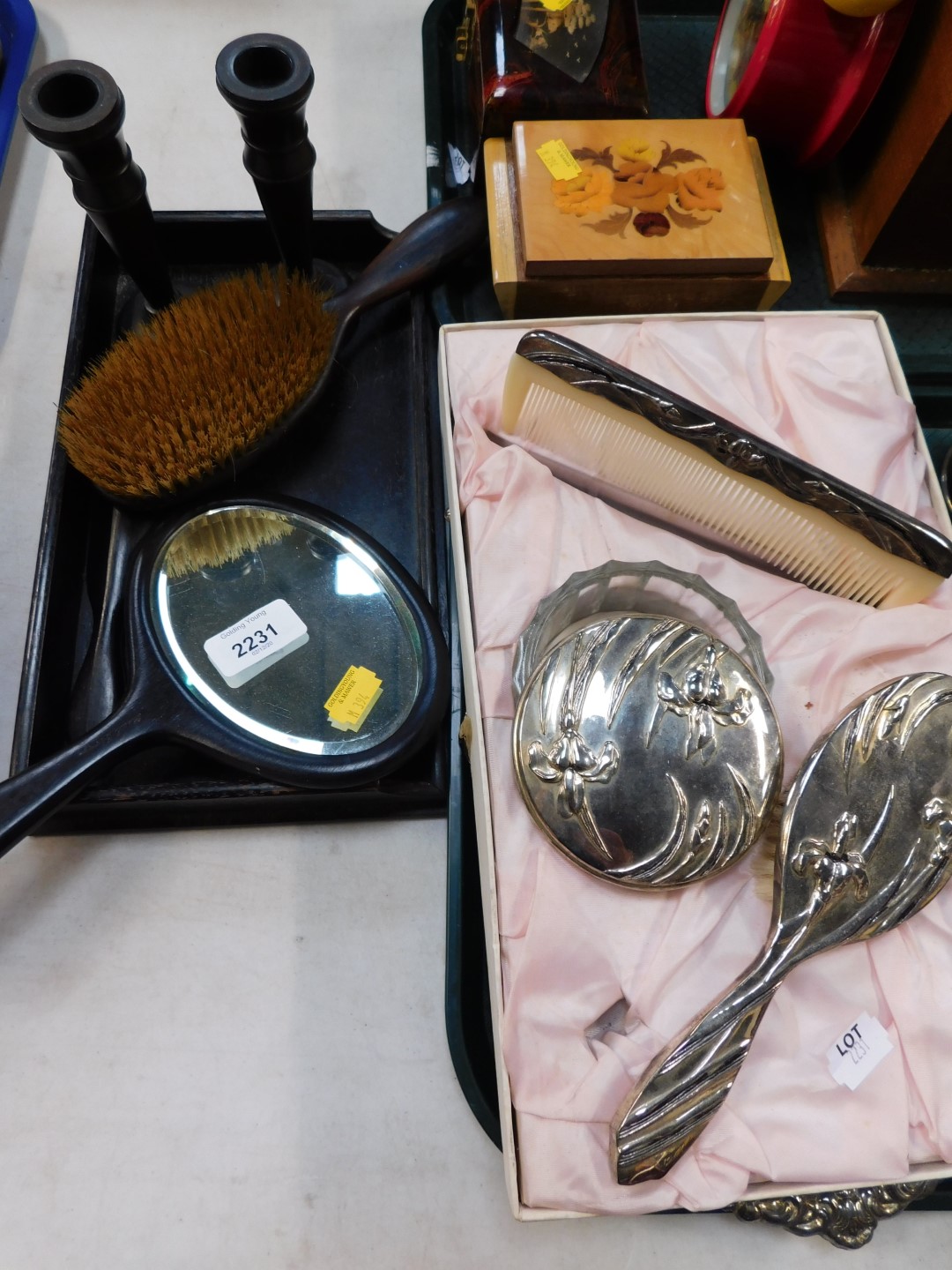 An ebony dressing table set, musical and other boxes, Walt Disney alarm clock, plated wares, and - Image 3 of 4