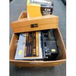 A Kindermann tele-focus slide projector, with a Sharp stereo car cassette player RG9150, boxed. (1