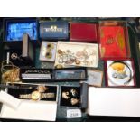 Costume jewellery, including lady's dress wristwatches, brooches and earrings, paperweights, etc. (1