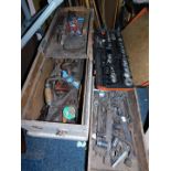 A white painted wooden tool chest, containing tools, tap and die sets, further tools, etc. (a